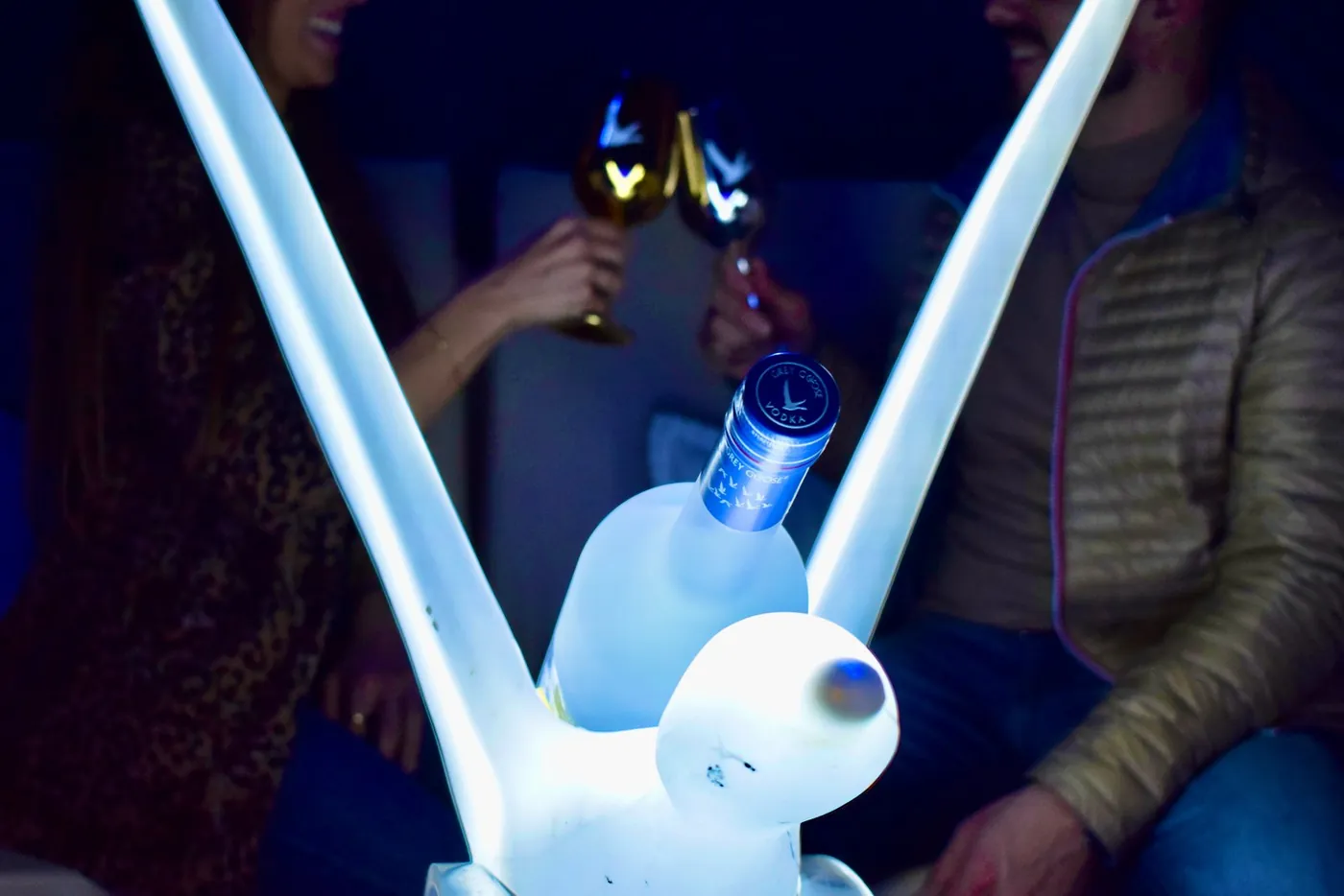 Botella Grey Goose con alas luminosas en la zona VIP de Kapital